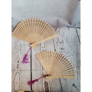 Lot of 2 Folding Hand Held Balsa Wood Fans Detailed Designs With Boxes